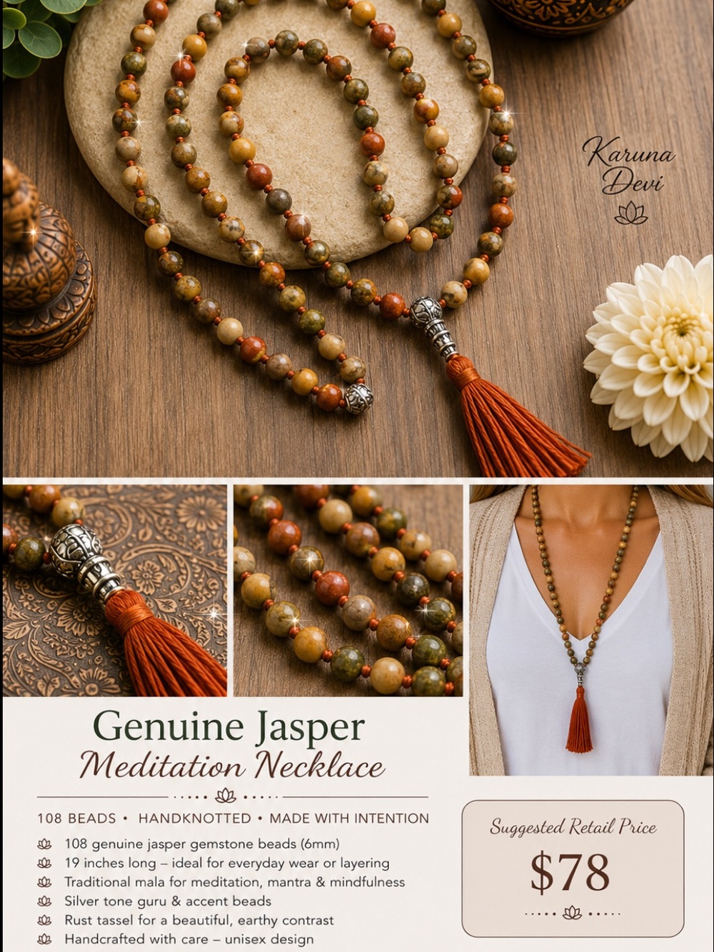 Jasper Meditation Necklace in Rust & Olive